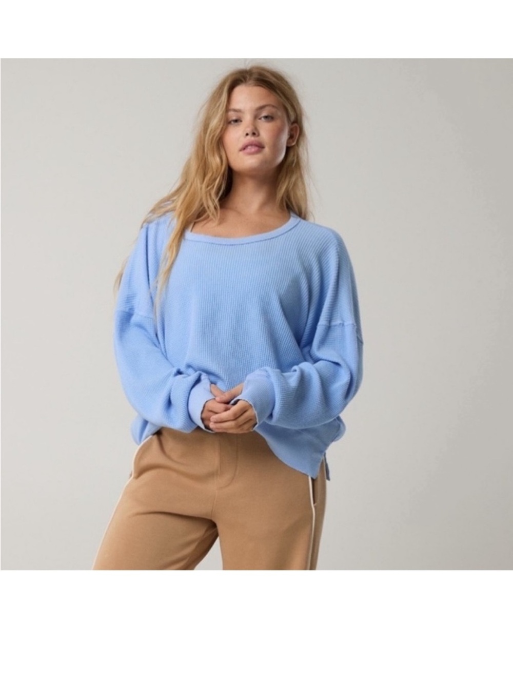 Offline by aerie Pale Powder Blue Waffle Knit Long Sleeve Top